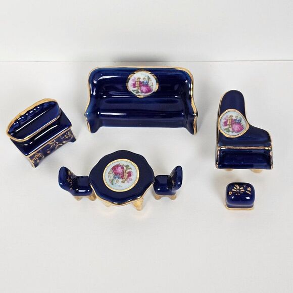 Cobalt Blue Miniature Dollhouse Furniture 7 Piece Furniture Set Courting Couple - Picture 1 of 14